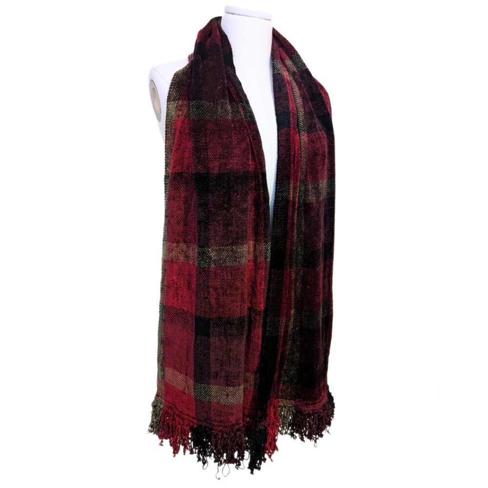 Vintage Chenille Plaid Scarf Red Black Fringe Trim Shawl Retro Preppy Cozy